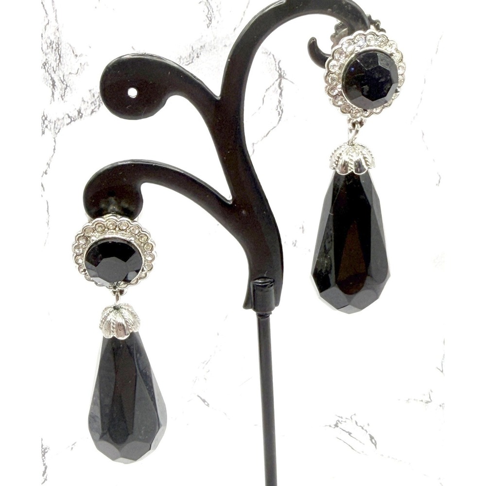 Black Earrings Glass Drop Silver Tone Halo Crystal Dangle 2"
